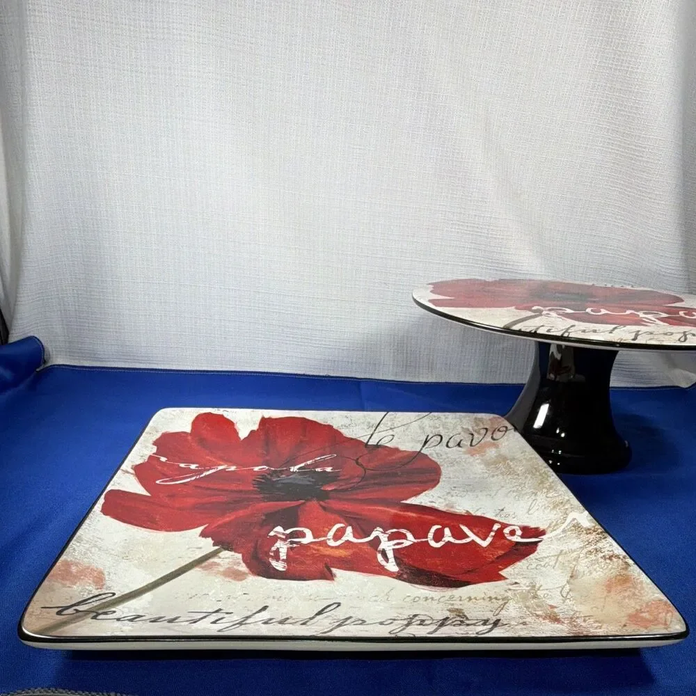 Certified International Midnight Poppy Ceramic Tray/Cake Plate
